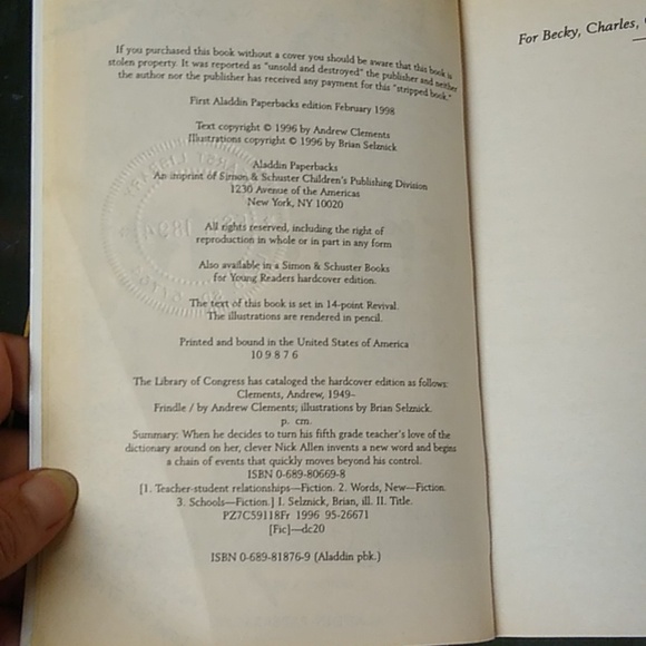 Frindle Andrew Clements Signed Copy Junior Fiction Children's Chapter Book Home - Picture 6 of 7